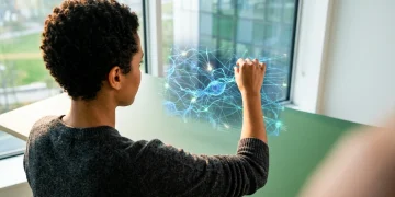 Pessoa analisando projeção holográfica de redes neurais e dados, focada em gatilhos mentais para estratégias de dropshipping e psicologia do consumidor.