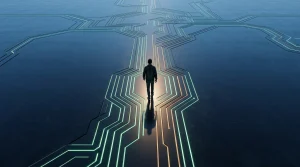 Visão aérea de uma pessoa caminhando por um caminho iluminado e geométrico, simbolizando a jornada da educação financeira e o crescimento estratégico em direção à abundância.