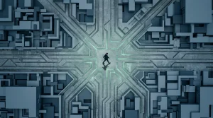 Digital Convergence: The Future of Conversions and Your Business Aerial view of a person in a complex network of urban paths resembling a circuit board, symbolizing the digital consumer journey and conversion challenges.