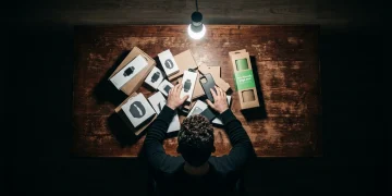 Empreendedor examinando produtos genéricos de dropshipping sob luz forte, destacando um nicho promissor em embalagem verde, simbolizando a busca por produtos vencedores.