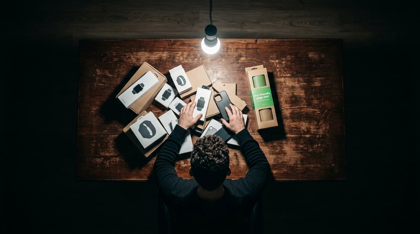 Empreendedor examinando produtos genéricos de dropshipping sob luz forte, destacando um nicho promissor em embalagem verde, simbolizando a busca por produtos vencedores.