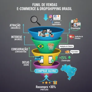 Funis de Vendas Dropshipping: Aumente em 20% sua Conversão no Brasil Infográfico detalhado de um funil de vendas otimizado para dropshipping no Brasil, mostrando etapas de conversão.