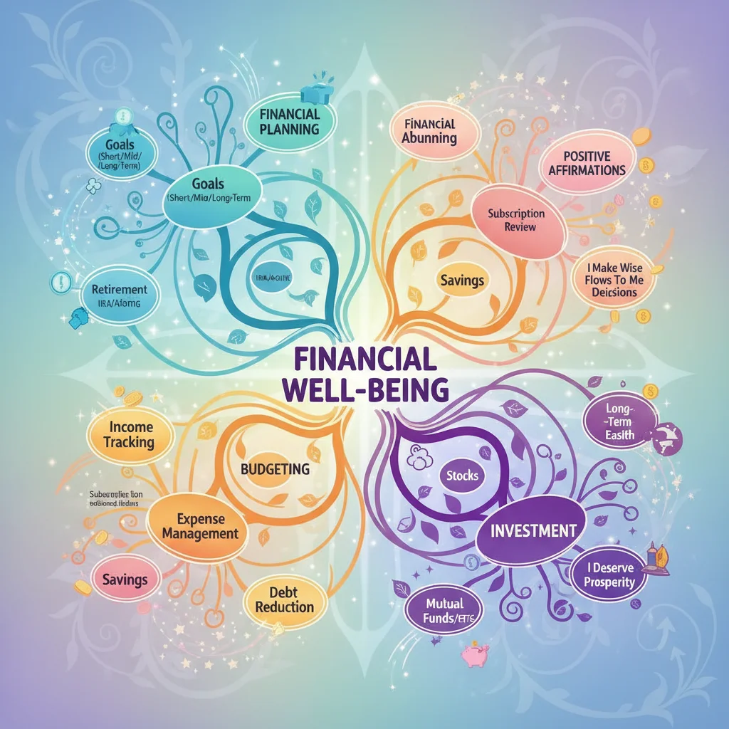 Mapa mental com ideias de planejamento financeiro e afirmações positivas.