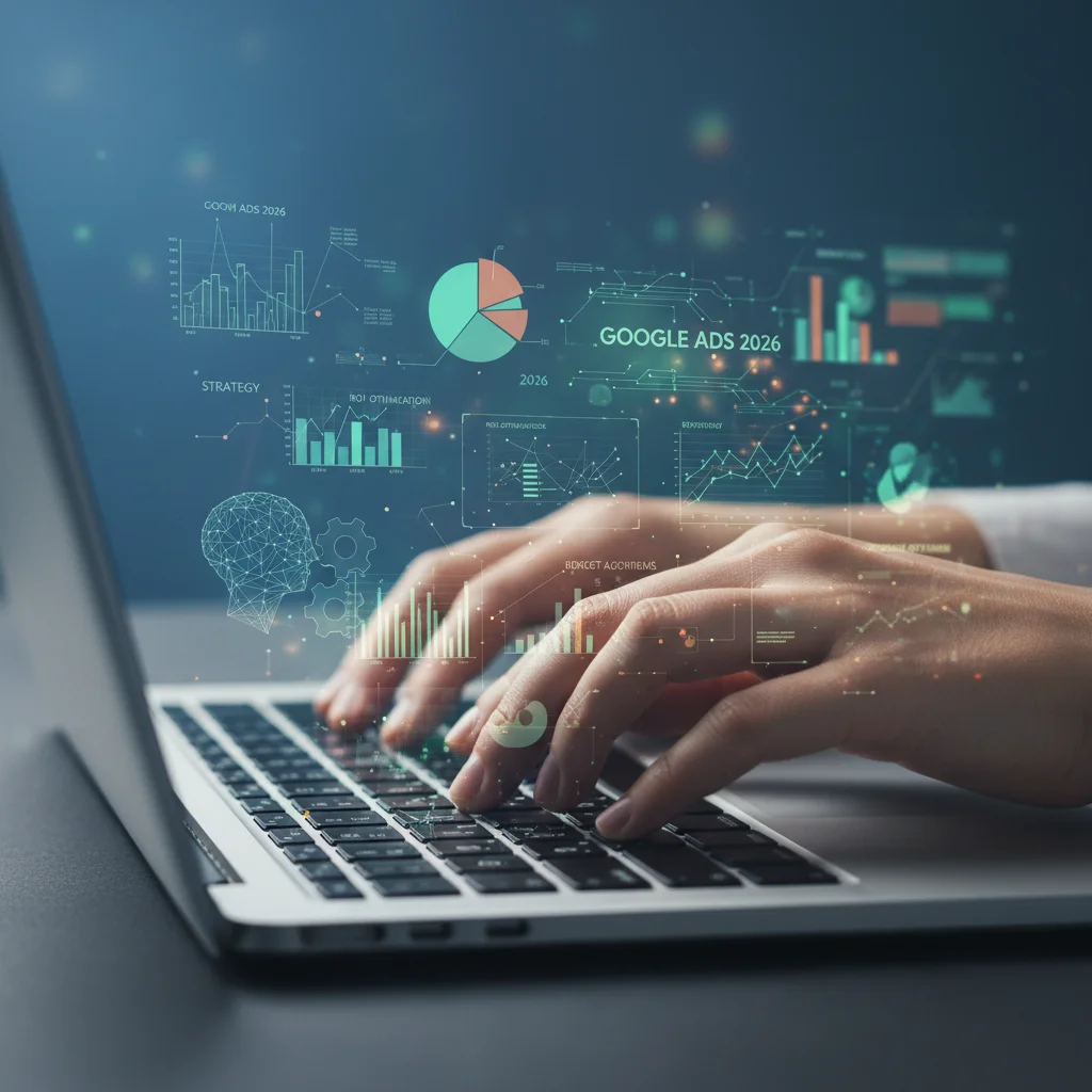 Mãos digitando em um laptop, otimizando campanhas de Google Ads para alto ROI.