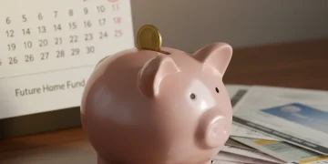 Porquinho cofrinho com documentos financeiros e calendário de 2026, simbolizando a reserva de emergência.